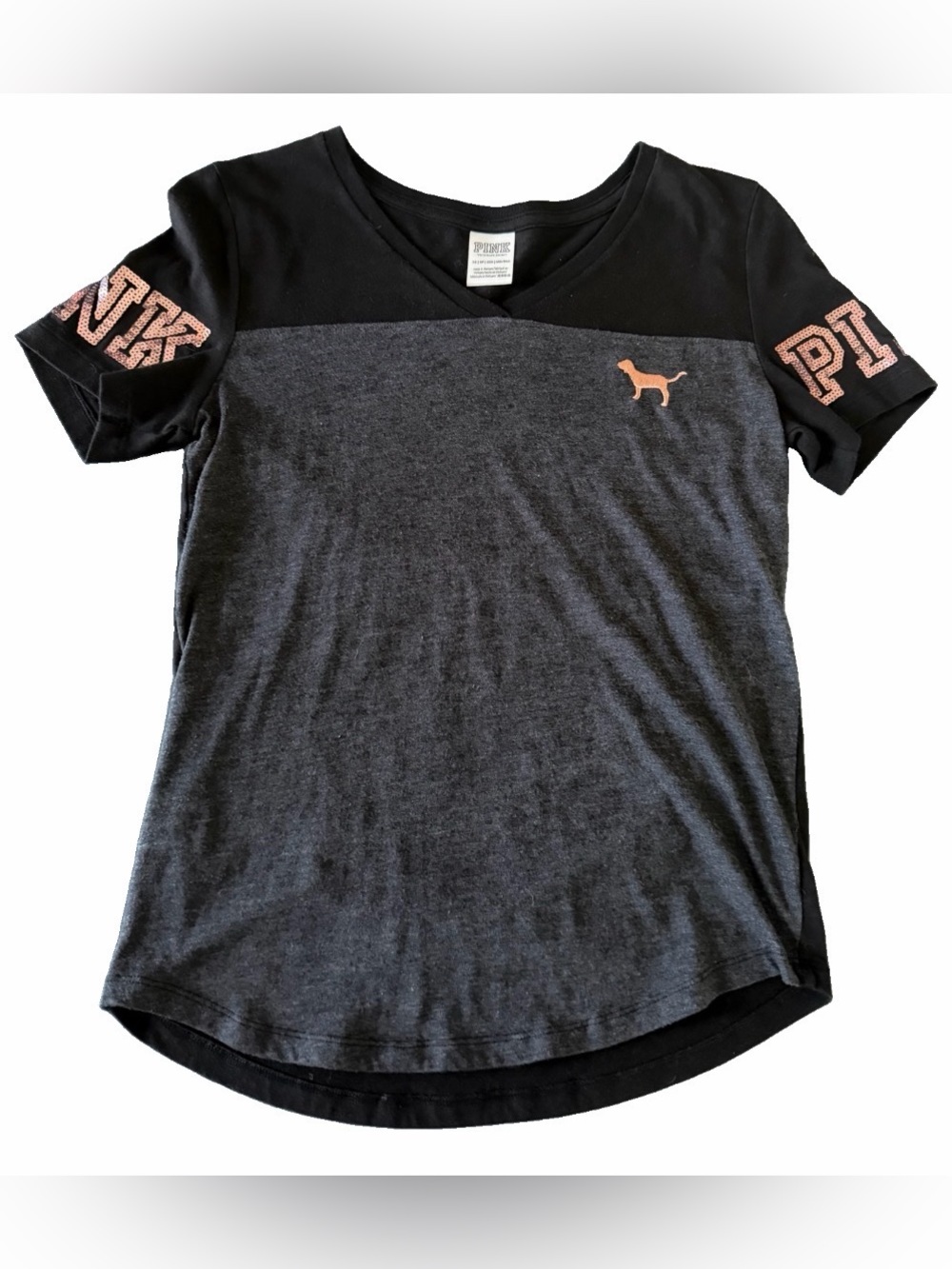 PINK Victoria's Secret Black & Charcoal V-Neck Tee with Dog & Pink Logo